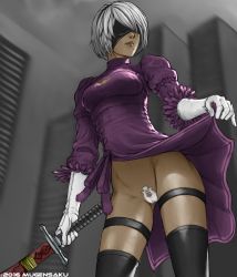 Rule 34 | 1girl, alternate color, android, black thighhighs, blindfold, breasts, cleavage cutout, clothing cutout, colorized, dress, female focus, gloves, highres, holding, holding weapon, juliet sleeves, lips, long sleeves, maebari, mole, mole under mouth, mugensaku, nier:automata, nier (series), no panties, parted lips, partially colored, puffy sleeves, purple dress, short hair, silver hair, solo, square enix, swept bangs, sword, thighhighs, third-party edit, upskirt, weapon, white gloves, 2b (nier:automata)
