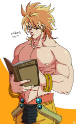 Rule 34 | 1boy, bespectacled, blonde hair, book, bracelet, collarbone, commentary request, dio brando, earrings, frown, glasses, holding, holding book, jewelry, jojo no kimyou na bouken, male focus, mugicha (zoro1132), muscular, muscular male, reading, red eyes, scar, scar on neck, signature, solo, sparkle, stardust crusaders, stardust crusaders (ova), topless male, translation request, upper body, v-shaped eyebrows
