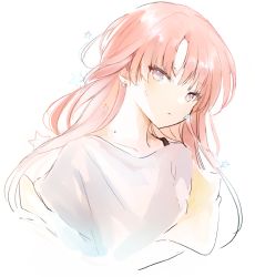 Rule 34 | 1girl, bra strap, closed mouth, earrings, jewelry, long hair, looking at viewer, lpip, original, pink eyes, pink hair, shirt, simple background, solo, star (symbol), symbol-only commentary, upper body, white background, white shirt