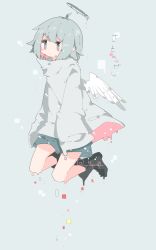 Rule 34 | 1girl, absurdres, ahoge, angel, angel wings, artist name, bad id, bad pixiv id, baggy clothes, blue eyes, blue hair, blush, bob cut, boots, capelet, eyelashes, feathered wings, floating, flower, halo, highres, long sleeves, mini wings, original, pale skin, pastel colors, short hair, shorts, signature, solo, wings, yuuo0