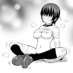 Rule 34 | 1girl, bandages, bdsm, blindfold, breasts, butterfly sitting, collar, greyscale, kneehighs, large breasts, matsui celine, monochrome, navel, nude, original, short hair, sitting, socks, solo, sweat, underboob