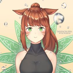Rule 34 | 1girl, andonoz, animal ears, artist name, bare shoulders, breasts, brown hair, cat ears, character name, facial mark, final fantasy, final fantasy xiv, green eyes, halterneck, highres, long hair, looking at viewer, medium breasts, miqo&#039;te, sleeveless, slit pupils, smile, solo, warrior of light (ff14)