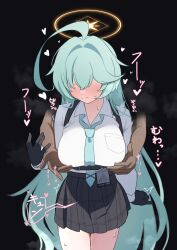 Rule 34 | 1girl, 1other, ahoge, black background, black gloves, black skirt, blue archive, blue necktie, blush, breasts, closed mouth, collared shirt, cowboy shot, gloves, green hair, halo, heart, highres, hizikata398, large breasts, long hair, long sleeves, necktie, nipple stimulation, pleated skirt, shirt, simple background, skirt, solo focus, sweat, white shirt, yellow halo, yume (blue archive)