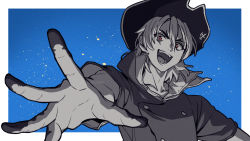 Rule 34 | 1boy, :d, asada hachi, blue background, border, buttons, collarbone, commentary, double-breasted, dr. stone, hair between eyes, hat, high collar, highres, looking at viewer, male focus, nanami ryuusui, open hand, open mouth, outside border, outstretched arm, partially colored, pirate hat, red eyes, shirt, short hair, short sleeves, smile, solo, spread fingers, teeth, thick eyebrows, twitter username, upper body, watermark, white border