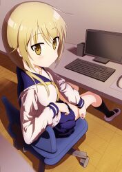 Rule 34 | 1girl, absurdres, arm support, blue sailor collar, cereal (cerealoekaki), chair, foreshortening, highres, ichii yui, indoors, keyboard (computer), long sleeves, looking back, low twintails, monitor, neckerchief, necktie, office chair, sailor collar, school uniform, serafuku, sitting, solo, swivel chair, twintails, yellow eyes, yellow neckerchief, yellow necktie, yuyushiki, yuyushiki&#039;s school uniform