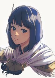 Rule 34 | 1girl, aduti momoyama, armor, black eyes, black hair, cape, closed mouth, feather hair ornament, feathers, fire emblem, fire emblem: thracia 776, fire emblem heroes, hair ornament, highres, nintendo, olwen (fire emblem), short hair, simple background, smile, solo, straight hair, white background, white cape, white feathers