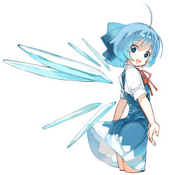 Rule 34 | 1girl, ahoge, asakura maru, blue bow, blue dress, blue eyes, blue hair, bow, cirno, commentary request, cowboy shot, cropped legs, detached wings, dress, from side, hair bow, ice, ice wings, looking at viewer, neck ribbon, open mouth, red ribbon, ribbon, shirt, short hair, short sleeves, simple background, smile, solo, touhou, white background, white shirt, wings