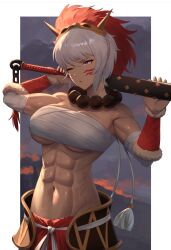 Rule 34 | 1girl, abs, arm warmers, bandaged arm, bandages, bandeau, breasts, chest sarashi, cleavage, club, club (weapon), dark-skinned female, dark skin, facial mark, fire emblem, fire emblem fates, grey hair, head tilt, highres, holding, holding club, holding weapon, kanabou, large breasts, mask, mask on head, midriff, muscular, muscular female, navel, nintendo, one eye closed, red eyes, rinkah (fire emblem), sarashi, short hair, shou illust, solo, stomach, strapless, tube top, underboob, upper body, weapon, whisker markings