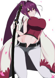 Rule 34 | 1girl, absurdres, bare shoulders, belt, blush, breasts, camisole, capri pants, high ponytail, highres, holding, holding sword, holding weapon, jacket, jacket on shoulders, large breasts, long hair, navel, ootachi, pants, parted lips, purple hair, red camisole, red eyes, solo, sword, tsu-mo3, under night in-birth, very long hair, weapon, white pants, yuzuriha (under night in-birth)