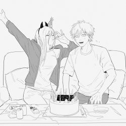 Rule 34 | 1boy, 1girl, alternate universe, arm up, birthday cake, cake, candle, chainsaw man, couch, demon girl, demon horns, denim, denji (chainsaw man), drink, closed eyes, food, fruit, hand on own leg, happy, happy birthday, hat, highres, hood, hoodie, horns, jeans, long hair, midoriz5, monochrome, pants, party hat, pillow, power (chainsaw man), saliva, shirt, short hair, short sleeves, sitting, smile, strawberry, strawberry cake, t-shirt, tomboy, very long hair