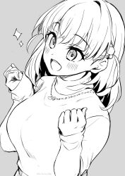 Rule 34 | 1girl, :d, blush, clenched hands, commentary request, crossed bangs, hair ornament, heart, heart necklace, highres, hinoshita kaho, jewelry, kirikirimai (kkm), lineart, link! like! love live!, long sleeves, love live!, medium hair, monochrome, necklace, open mouth, sleeves past wrists, smile, solo, sparkle, sweater, teeth, turtleneck, turtleneck sweater, upper body, upper teeth only