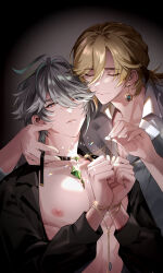 2boys absurdres alhaitham_(genshin_impact) black_shirt blonde_hair closed_eyes closed_mouth earrings genshin_impact grey_hair hair_between_eyes highres jewelry kaveh_(genshin_impact) kuxxxgsbl long_hair long_sleeves male_focus multicolored_hair multiple_boys necklace nipples open_clothes open_shirt shirt short_hair smile white_shirt yaoi