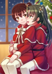 Rule 34 | 10s, 2girls, :d, bell, belt, blurry, blush, bow, bowtie, brown eyes, brown hair, capelet, christmas, christmas tree, couple, depth of field, dress, eye contact, female focus, green eyes, green hair, hair ornament, hair ribbon, happy, hat, holding hands, hug, hug from behind, indoors, kaga (kancolle), kantai collection, legs, long hair, long sleeves, looking at another, mizunashi hayate, multiple girls, open mouth, red dress, ribbon, santa costume, santa hat, short hair, side ponytail, sitting, smile, snowing, thighhighs, tree, twintails, white bow, white legwear, window, yuri, zuikaku (kancolle)