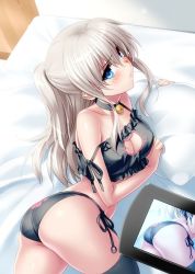 Rule 34 | 10s, 1girl, ass, bare shoulders, bed, bell, blue eyes, blush, bra, breasts, camcorder, cat cutout, cat ear panties, cat lingerie, charlotte (anime), choker, cleavage, cleavage cutout, clothing cutout, jingle bell, long hair, lying, meme attire, neck bell, on side, panties, parted lips, pillow, recording, side-tie panties, silver hair, solo, strap slip, thighhighs, tomori nao, twintails, two side up, underwear, video camera, zen