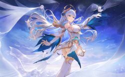 Rule 34 | 1girl, ass, bare shoulders, bird, blue eyes, blue feathers, bracelet, braid, breasts, bridal gauntlets, dress, feather-trimmed sleeves, feathers, gold bracelet, gold trim, grey hair, halo, hansum, highres, hikanari hina, jewelry, large breasts, long hair, official art, phase connect, pointy ears, solo, thighhighs, white bridal gauntlets, white dress, white thighhighs, wing hair ornament