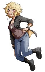 Rule 34 | 1girl, absurdres, black footwear, black jacket, blonde hair, boots, breasts, brown eyes, brown shirt, cleavage, commission, hand on own hip, highres, jacket, medium breasts, medium hair, midair, oninuer, open clothes, open jacket, original, shirt, smile, solo, star (symbol), wrist cuffs