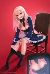Rule 34 | 1girl, absurdres, apron, areola slip, black dress, black pantyhose, blonde hair, breasts, cellphone, chair, clothes pull, dress, earrings, gradient hair, greatodoggo, highres, jewelry, kitagawa marin, long hair, maid, maid apron, medium breasts, multicolored hair, open mouth, pantyhose, pantyhose pull, phone, piercing, platform footwear, red eyes, red hair, sandals, shoes, smile, sono bisque doll wa koi wo suru, taking picture