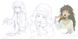 Rule 34 | 1girl, ahoge, bowl, chopsticks, circuit board, closed eyes, eating, finger to mouth, food, gloves, green hair, highres, hiyajou maho, lab coat, long hair, menomorute, messy hair, open mouth, pointing, sketch, soldering iron, steins;gate, steins;gate 0, tagme, tempura, to, very long hair, winter clothes, woollen cap