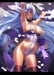 Rule 34 | 1girl, arms up, black thighhighs, blue eyes, blue hair, blush, breasts, cameltoe, chain, cleavage, cleft of venus, covered navel, female focus, fingerless gloves, flower knight girl, gloves, gradient background, highleg, highleg leotard, jpeg artifacts, large breasts, leotard, long hair, looking at viewer, matching hair/eyes, open mouth, petals, pinstripe pattern, sasayuki, solo, southern cross (flower knight girl), striped, teeth, thighhighs, thong, very long hair