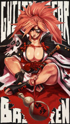 Rule 34 | 1girl, absurdres, amputee, baiken, big hair, black jacket, black kimono, breasts, character name, commentary, copyright name, english commentary, eyepatch, facial tattoo, guilty gear, guilty gear xrd, highres, jacket, jacket on shoulders, japanese clothes, kataginu, katana, kimono, large breasts, crossed legs, monori rogue, multicolored clothes, multicolored kimono, obi, one-eyed, open clothes, open kimono, pink hair, smoking pipe, ponytail, red eyes, samurai, sandals, sash, scar, scar across eye, scar on face, sitting, sword, tattoo, weapon, white kimono