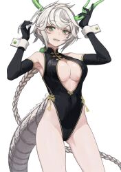 Rule 34 | 1girl, asymmetrical hair, black gloves, black leotard, blush, braid, breasts, cleavage cutout, clothing cutout, collared leotard, dragon girl, dragon horns, dragon tail, elbow gloves, gloves, grey hair, hair ornament, highres, horns, kantai collection, large breasts, leotard, long hair, looking at viewer, nito (nshtntr), scales, single braid, smile, solo, tail, unryuu (kancolle), very long hair, wavy hair, white background, white hair, yellow eyes