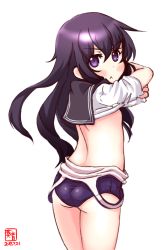 Rule 34 | 1girl, :&lt;, akatsuki (kancolle), alternate costume, artist logo, ass, back, blue one-piece swimsuit, blush, clothes lift, clothes pull, cowboy shot, dated, flat chest, hair between eyes, highres, kanon (kurogane knights), kantai collection, lifted by self, long hair, looking at viewer, looking to the side, messy hair, old school swimsuit, one-piece swimsuit, one-piece swimsuit pull, purple eyes, purple hair, sailor collar, school swimsuit, school uniform, shirt lift, short sleeves, signature, simple background, smile, solo, swimsuit, swimsuit under clothes, undressing, white background