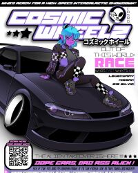 Rule 34 | 1girl, alien, antennae, black car, black footwear, black jacket, black pants, black sweater, blue eyes, blue hair, car, cover, english text, fake magazine cover, grinfinity, highres, jacket, looking at viewer, magazine cover, motor vehicle, nissan, nissan s15 silvia, nissan silvia, on vehicle, original, pants, pointy ears, qr code, shoes, short hair, sitting, smile, sneakers, solo, spoiler (automobile), sports car, stance (vehicle), star (symbol), sweater, turtleneck, turtleneck sweater, vehicle focus