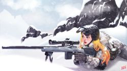 Rule 34 | 1girl, absurdres, bandolier, blonde hair, blue eyes, bolt action, camouflage, camouflage jacket, chin strap, commentary, elbow pads, english commentary, finger on trigger, gloves, gun, helmet, highres, jacket, lips, lying, making-of available, mountain, nose, on stomach, playerunknown&#039;s battlegrounds, remington arms, remington model 700, rifle, scope, sniper, sniper rifle, snow, suisui again, tripod, weapon, welding mask