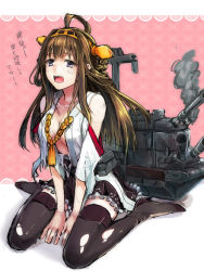 Rule 34 | 10s, 1girl, ahoge, black eyes, braid, breasts, brown hair, damaged, detached sleeves, hairband, japanese clothes, kantai collection, kongou (kancolle), long hair, machinery, open clothes, open mouth, open shirt, personification, shirt, sitting, smoke, solo, sweatdrop, thighhighs, torn clothes, translated, turret, wariza, yurossan