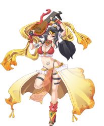 Rule 34 | 1girl, arms up, bikini, bikini top only, black hair, boots, bracelet, breasts, character request, cleavage, feet, full body, highres, instrument, jewelry, large breasts, legs, long hair, looking at viewer, musician, navel, playing, ponytail, red eyes, sennen sensou aigis, smile, solo, standing, swimsuit, thighs, thong, toes, transparent background, white background