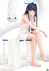 Rule 34 | 1girl, absurdres, animal, barefoot, black hair, blue eyes, blue halo, breasts, crossed legs, dress, feet, hair intakes, halo, hand on own chin, hand up, head rest, highres, hololive, hololive english, large breasts, legs, long hair, looking at viewer, ouro kronii, sitting, snake, solo, steb, toenails, toes, virtual youtuber, white dress, white snake