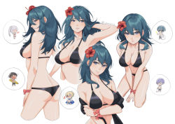 Rule 34 | 1girl, aequorine, arm support, arm under breasts, arms between legs, ass, back, bare shoulders, bikini, black bikini, blue eyes, blue hair, breasts, byleth (female) (fire emblem), byleth (female) (summer) (fire emblem), byleth (fire emblem), byleth (male) (fire emblem), character request, claude von riegan, cleavage, closed mouth, collarbone, dimitri alexandre blaiddyd, edelgard von hresvelg, fire emblem, fire emblem: three houses, flower, hair between eyes, hair flower, hair ornament, halterneck, hand in own hair, long hair, looking at viewer, looking to the side, navel, nintendo, off shoulder, official alternate costume, sideboob, smile, string bikini, swimsuit, thighs, wrist bow, yuri leclerc