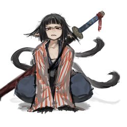 Rule 34 | 1girl, animal ears, animal hands, black hair, blue kimono, cat ears, cat tail, e.g.o (project moon), fangs, highres, japanese clothes, kimono, limbus company, long sleeves, looking at viewer, nekomata, open mouth, project moon, red eyes, ryoshu (project moon), scowl, shan23852196, short hair, simple background, solo, squatting, striped clothes, tail, white background