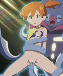 Rule 34 | 1girl, bar censor, blurry, bottomless, censored, collarbone, commentary request, crack, cracked wall, creatures (company), darekku, eyelashes, game freak, gen 6 pokemon, glowing, green eyes, highres, legs apart, light rays, malamar, mind control, misty (pokemon), nintendo, one side up, orange hair, parted lips, pokemon, pokemon (anime), pokemon (creature), pokemon sm042, pokemon sm (anime), pokephilia, pussy, shirt, short hair, sleeveless, sleeveless shirt, swimsuit, swimsuit under clothes, tentacle sex, tentacles, torn clothes, torn shirt, torn swimsuit, vaginal, yellow shirt