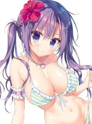 Rule 34 | 1girl, arm garter, bikini, bikini pull, blue eyes, blush, breasts, character request, cleavage, clothes pull, collarbone, copyright request, flower, front-tie top, hair flower, hair ornament, hairclip, hibiscus, jewelry, large breasts, long hair, looking at viewer, navel, necklace, purple hair, ryouka (suzuya), shell, shell necklace, simple background, smile, solo, swimsuit, untied bikini, untied bikini bottom, white background