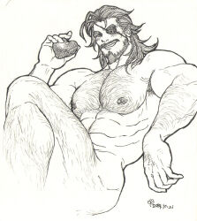 Rule 34 | 1boy, abs, arm hair, armpit hair, armpit hair peek, bara, beard, candy, chest hair, chocolate, chocolate heart, completely nude, dated, dogandclover, eugen (granblue fantasy), eyepatch, facial hair, food, from side, granblue fantasy, graphite (medium), greyscale, hairy, heart, highres, knee up, large pectorals, leg hair, long hair, looking at viewer, male focus, mature male, monochrome, muscular, muscular male, navel hair, nipples, nude, pectorals, seductive smile, smile, solo, thick eyebrows, thick thighs, thighs, traditional media