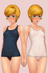 Rule 34 | 1girl, blonde hair, blush, breasts, cameltoe, covered erect nipples, covered navel, cowboy shot, elenab, green eyes, gundam, gundam unicorn, highres, mineva lao zabi, multiple girls, nipples, one-piece swimsuit, open mouth, parted lips, school swimsuit, see-through, short hair, small breasts, solo, swimsuit