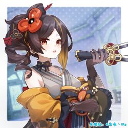 Rule 34 | 1girl, brown hair, chiori (genshin impact), choker, commentary request, genshin impact, gloves, grey gloves, grey kimono, haori, holding, holding sword, holding weapon, japanese clothes, kimono, long hair, looking at viewer, off shoulder, open mouth, orange eyes, ponytail, qi ye zhu sky, sleeveless, sleeveless kimono, solo, sword, upper body, weapon