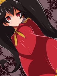 Rule 34 | 1girl, arms behind back, ashley (warioware), black hair, breasts, bright pupils, closed mouth, dot mouth, dress, dutch angle, expressionless, female focus, from below, hairband, long hair, looking at viewer, neckerchief, nintendo, norio (pheromosa times), red dress, red eyes, shiny clothes, sidelocks, small breasts, solo, twintails, warioware, white pupils, yellow hairband, yellow neckerchief