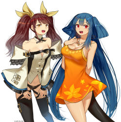 Rule 34 | 2girls, artist name, belt, black legwear, black panties, blue hair, bracelet, breasts, brown hair, chocojax, choker, cleavage, collarbone, commission, cosplay, costume switch, crossed legs, detached sleeves, dizzy (guilty gear), dizzy (guilty gear) (cosplay), dress, guilty gear, guilty gear xrd, hair between eyes, hair ribbon, hair rings, hand on own chest, heart, heart necklace, highres, jewelry, kujikawa rise, kujikawa rise (cosplay), large breasts, long hair, looking at viewer, medium breasts, midriff, multiple girls, navel, necklace, open mouth, orange dress, panties, pendant, persona, persona 4, persona 4: the ultimate in mayonaka arena, red eyes, ribbon, sideboob, simple background, smile, tail, thigh gap, thigh strap, thighhighs, twintails, underwear, white background, wide sleeves, yellow eyes, yellow ribbon