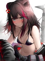 Rule 34 | 1girl, absurdres, anger vein, arknights, bare shoulders, belt, belt pouch, bikini, black bikini, blue eyes, blush, breasts, brown hair, glaring, highres, jacket, looking at viewer, medium hair, midriff, multicolored hair, open clothes, open jacket, pouch, small breasts, streaked hair, swimsuit, tab head, white background, zima (arknights)