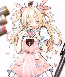 Rule 34 | &gt; &lt;, 1girl, :d, apron, armband, art tools in frame, bandaged arm, bandages, blonde hair, blush, closed eyes, commentary request, facing viewer, fang, grey background, hair between eyes, hair ornament, hands up, hat, heart, heart hands, highres, long hair, natori sana, nurse cap, open mouth, photo (medium), pink apron, pleated skirt, puffy short sleeves, puffy sleeves, rabbit hair ornament, sana channel, shirt, short sleeves, signature, simple background, skirt, smile, sofra, solo, traditional media, two side up, very long hair, virtual youtuber, white hat, white shirt, white skirt