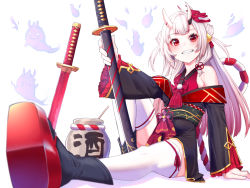 Rule 34 | 1girl, black kimono, black sash, blush, detached sleeves, gradient hair, grey hair, grin, hololive, horn ornament, horns, japanese clothes, kimono, long hair, long sleeves, looking at viewer, mask, mask on head, mikan (chipstar182), multicolored hair, multiple swords, nakiri ayame, nakiri ayame (1st costume), obi, off shoulder, oni mask, pink hair, planted, planted sword, planted weapon, platform footwear, red eyes, sandals, sash, skin-covered horns, smile, solo, sword, thighhighs, virtual youtuber, weapon, white thighhighs