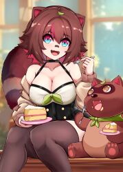 Rule 34 | 1girl, 1other, :d, animal ears, bandaid, bandaid on face, bandaid on nose, bare shoulders, birthday, black choker, black shorts, blue eyes, blurry, blurry background, bow, breasts, brown hair, brown jacket, brown thighhighs, cake, cake slice, camisole, choker, cleavage, colored tips, commentary request, creature request, eating, fang, food, fork, green bow, hair between eyes, hair ornament, halterneck, high-waist shorts, highres, holding, holding fork, holding plate, jacket, large breasts, leaf hair ornament, looking at viewer, multicolored eyes, multicolored hair, off shoulder, open mouth, owozu, plate, raccoon, raccoon ears, raccoon girl, raccoon tail, rakkun sutaru, red eyes, red hair, short hair, shorts, sitting, skin fang, slash-ex, smile, spanish commentary, streaked hair, tail, thighhighs, two-tone hair, virtual youtuber, white camisole, window