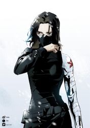 Rule 34 | 1girl, belt, black belt, black bodysuit, black mask, bodysuit, breasts, brown hair, buttons, captain america: the winter soldier, captain america (series), chinese commentary, fingernails, genderswap, genderswap (mtf), green eyes, hand up, highres, james buchanan barnes, looking to the side, luo jie, marvel, marvel cinematic universe, mask, medium breasts, mouth mask, pocket, prosthesis, prosthetic arm, short hair, simple background, snowing, solo, standing, star (symbol), white background, winter soldier