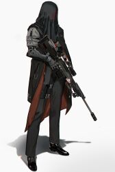 Rule 34 | 1other, absurdres, ambiguous gender, bipod, black footwear, black pants, black veil, fingerless gloves, gloves, gun, highres, holding, holding gun, holding weapon, mechanical arms, nilzynox, original, pants, rifle, scope, shadow, shoes, single mechanical arm, sniper rifle, solo, tactical clothes, trigger discipline, veil, weapon, white background