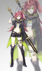 Rule 34 | 1girl, asymmetrical sleeves, belt, black choker, black footwear, black jacket, boots, choker, commentary request, contrapposto, dagger, dual wielding, green eyes, grey background, highres, holding, holding dagger, holding knife, holding sword, holding weapon, jacket, kangetsu (fhalei), knee boots, knife, legs apart, long sleeves, looking at viewer, o-ring, one side up, original, red hair, reverse grip, short shorts, shorts, smile, solo, standing, sword, uneven sleeves, weapon, weapon on back, zoom layer