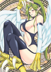 Rule 34 | 1girl, animal feet, animal hands, bare shoulders, black thighhighs, blush, breasts, circlet, claws, commentary request, duel monster, feathered wings, feathers, garter straps, greek text, green hair, harpie queen, harpy, highres, kairaku namakikurage, large breasts, long hair, monster girl, pointy ears, ponytail, red hair, revealing clothes, sideboob, smile, solo, talons, thighhighs, underboob, very long hair, white feathers, white wings, winged arms, wings, yu-gi-oh!