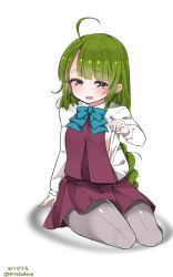 Rule 34 | 10s, 1girl, ahoge, artist name, bad id, bad twitter id, braid, full body, green hair, highres, inactive account, kantai collection, long hair, mitsudoue, mole, mole under mouth, open mouth, pantyhose, school uniform, simple background, sitting, solo, white background, yuugumo (kancolle)