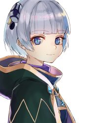 Rule 34 | 1girl, blue eyes, blunt bangs, character request, closed mouth, coat, from side, green coat, grey hair, hair ornament, highres, hood, hood down, hooded coat, looking at viewer, looking to the side, luicent, re:creators, short hair, simple background, smile, solo, upper body, white background